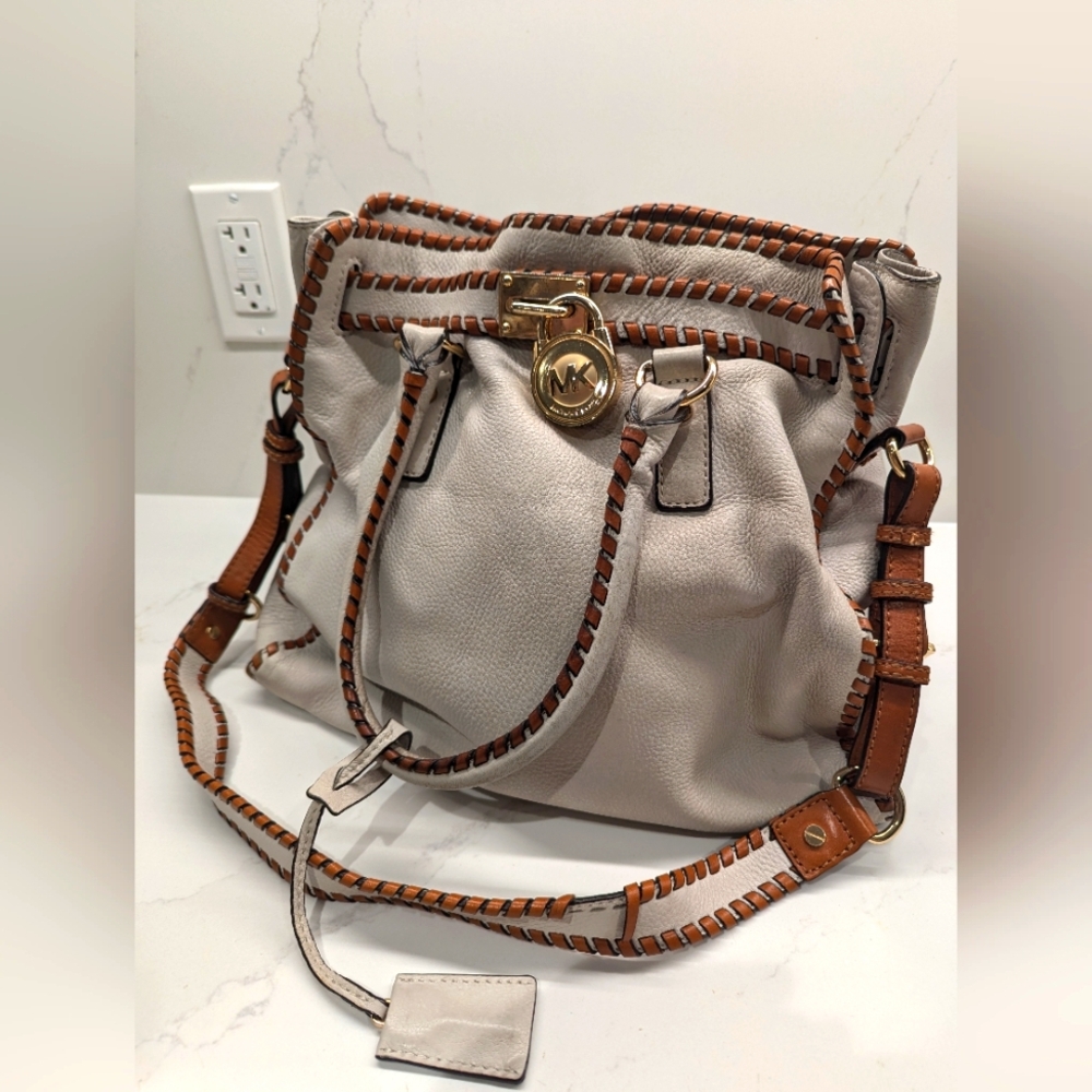 Michael Kors Off-White Leather Purse Hobo w Tan Braided Trim and Gold Hardware
